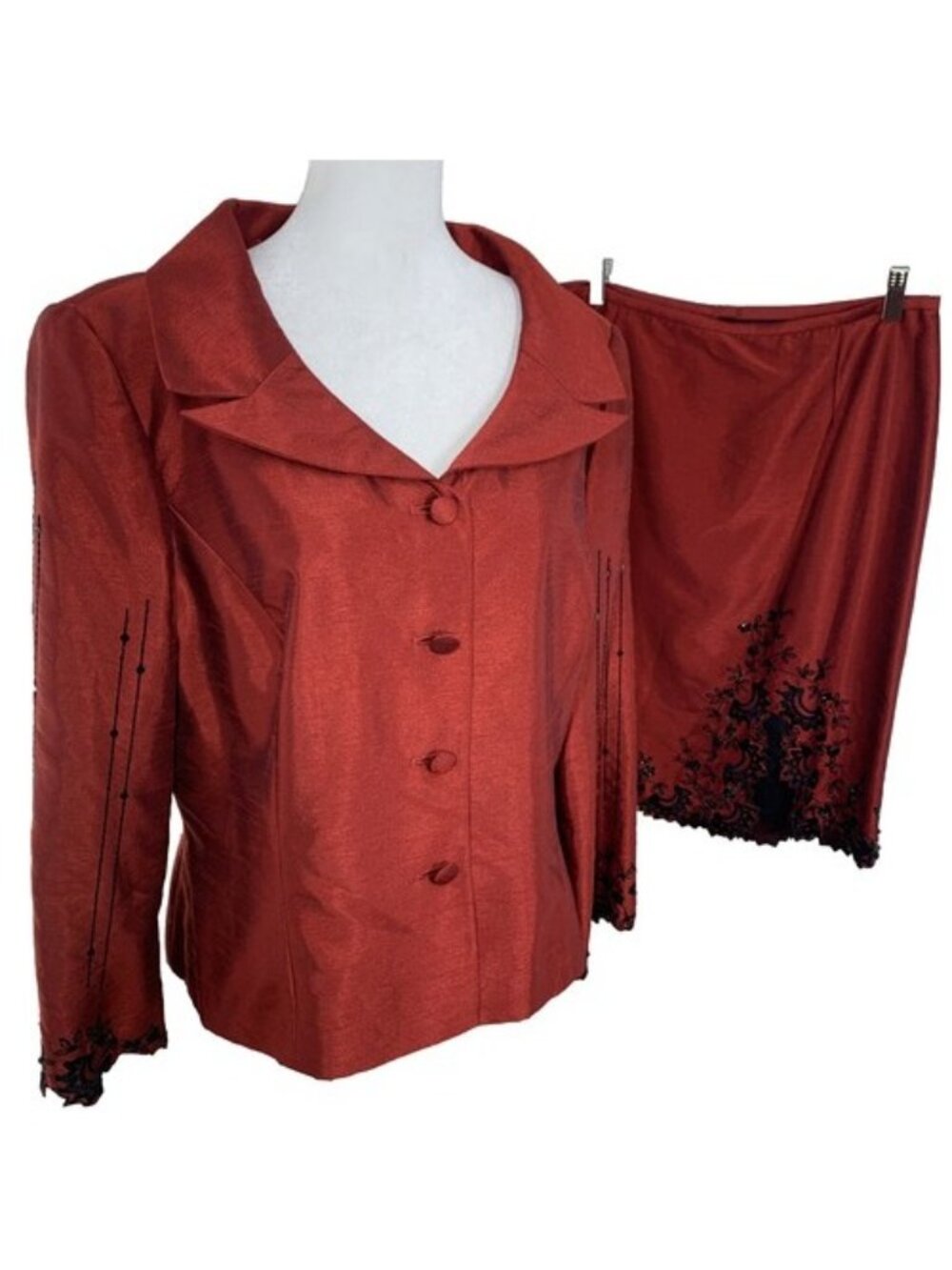 Maggie London Formal Skirt Jacket Set Dark Red w/ Black Lace & Sequins Sz 14